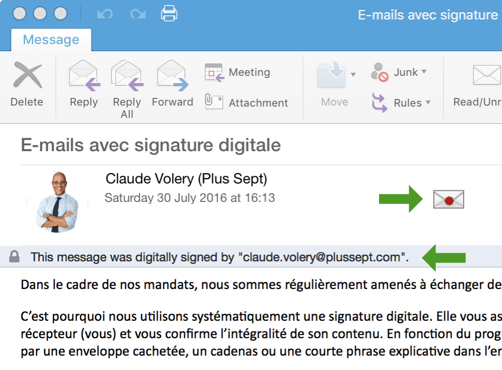 Les mails envoyés par Plus Sept sont sécurisé par une signature digitale.